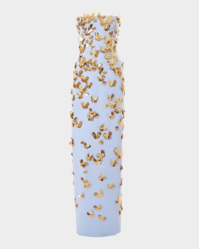 Butterfly Embellished Strapless Column Gown